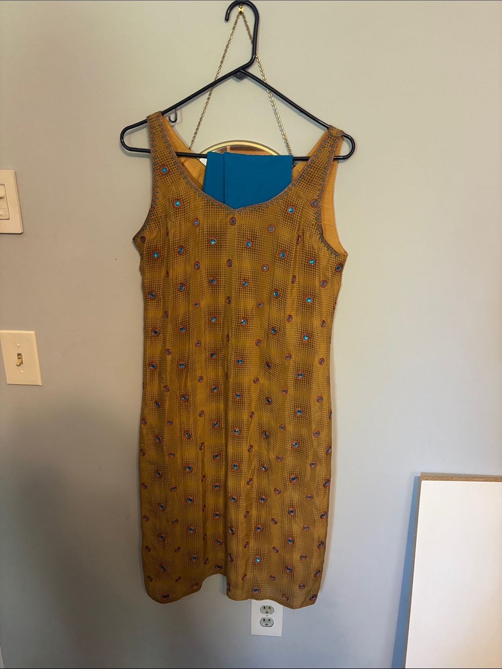 Mustard Yellow Sleeveless Shift Dress with Subtle Dotted Print